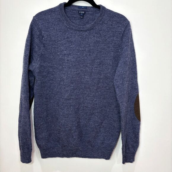 J Crew Sweater Men M Navy Blue 100% Wool Knit Pullover Elbow Patch Cabincore - Picture 1 of 7